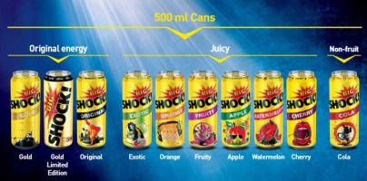 Gold L.E. je jen pro export big-shock-serie-original-energy-fruit-non-cola-tea-exotic-orange-gold-watermelon-cherry-apple-fruity-cans